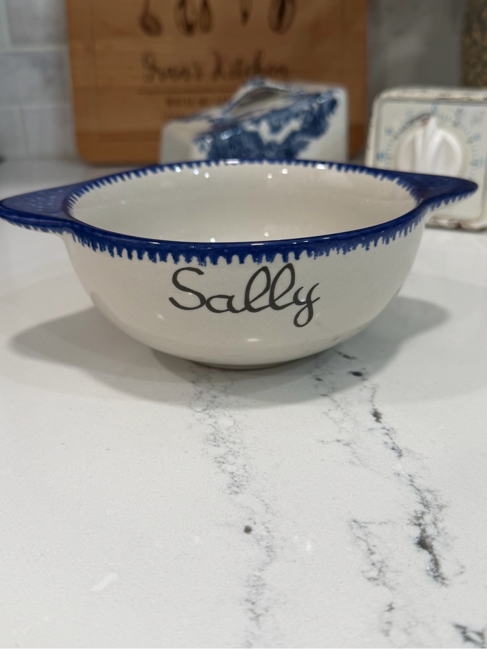 Any one named Sally? Ceramic Serving Bowl - Blue and White Vintage